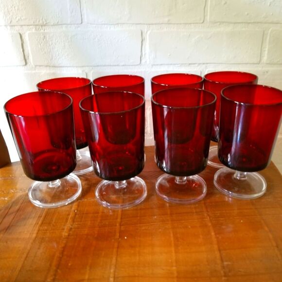 Cristal D'arques-Durand Cavalier Ruby Footed Water Goblets, Complete Set of 8 - Picture 1 of 4
